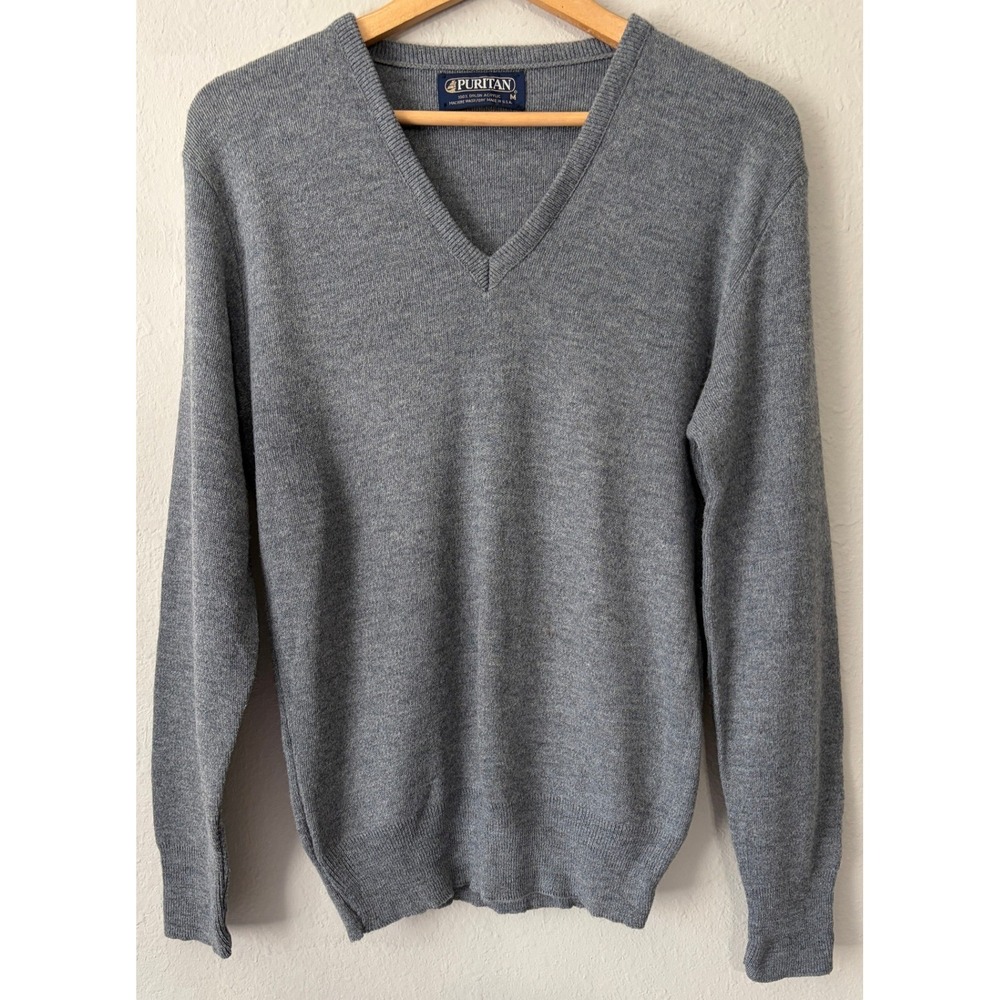 Puritan Mens Vintage Gray V-Neck Sweater Size M Made in USA Acrylic Knit